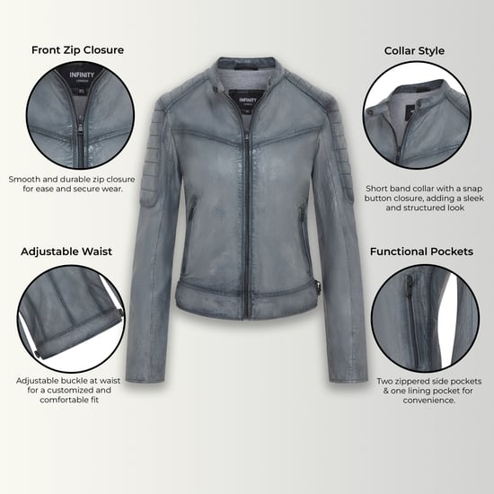 Womens Grey Retro Quilted Leather Biker Jacket - Horten
