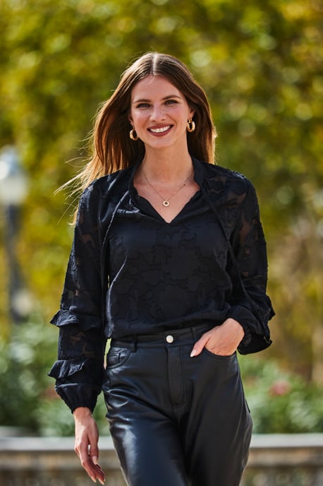 Black Floral Jacquard Ruffle Sleeve Blouse