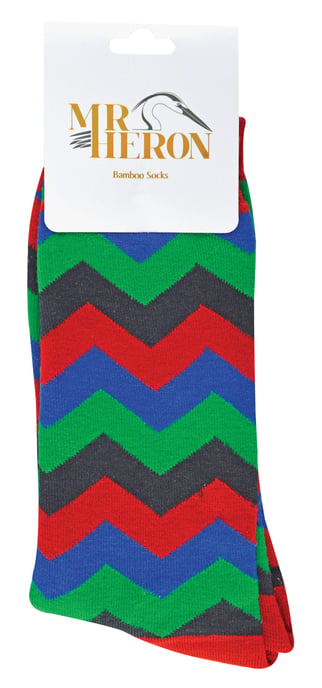 Mr Heron - Mens Bamboo Socks | Novelty Funky Socks | Patterned Argyle Striped Socks | Breathable Soft | Gifts for Him - Zig Zags (Red)