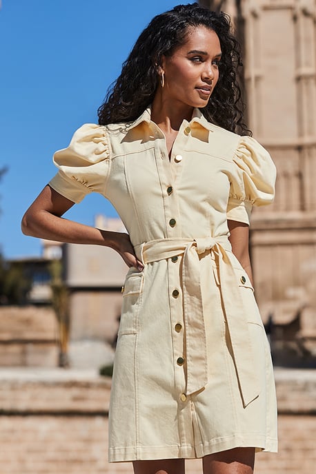Petite Yellow Puff Sleeve Belted Denim Dress