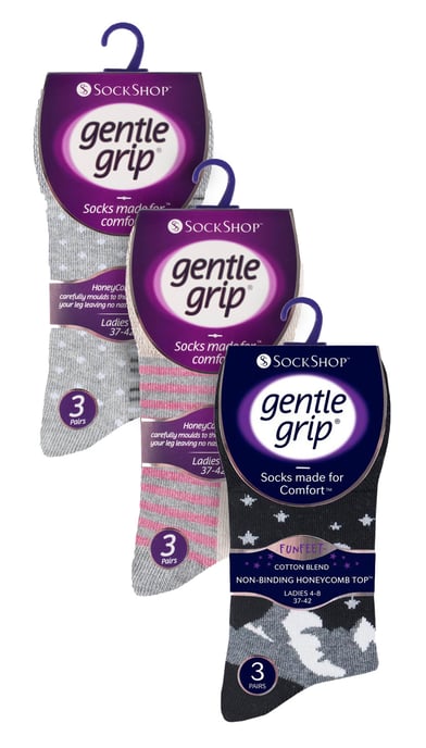 9 Pair Multipack Ladies Cotton Crew Non Elastic Socks | Gentle Grip | Womens Soft Top Striped Patterned Non Binding Socks - Grey Mix - Image 2