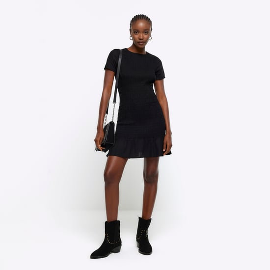 River Island Womens T-Shirt Mini Dress Black Shirred Peplum