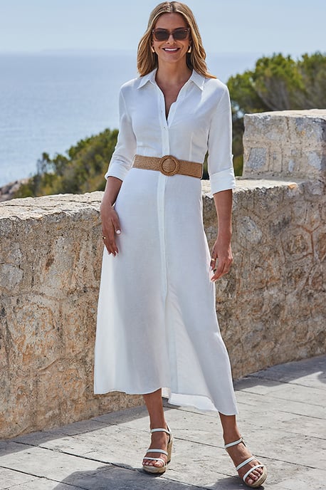 White Linen Midi Shirt Dress With Raffia Belt