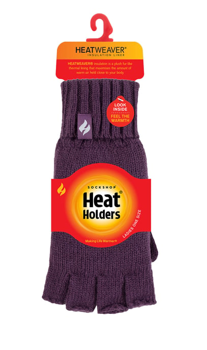 Ladies Solid Knitted Fingerless Gloves | HEAT HOLDERS | Purple Solid - Image 2