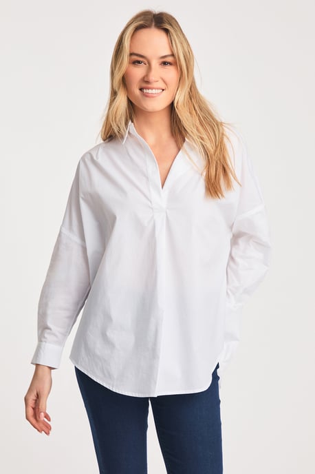 White Cotton Long Sleeve Poplin Popover High-Low Hem Shirt - Image 1