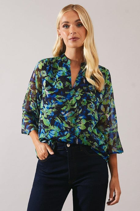 Petite Blue Abstract Flower Flute Sleeve Top