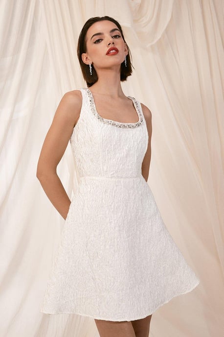 Jacquard Full Skirted Mini Dress With Jewel Trim