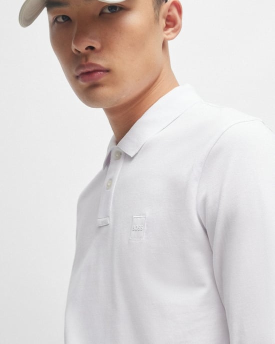 BOSS Orange Passerby Mens Long Sleeve Stretch-Cotton Polo Shirt with Logo Patch - Image 4