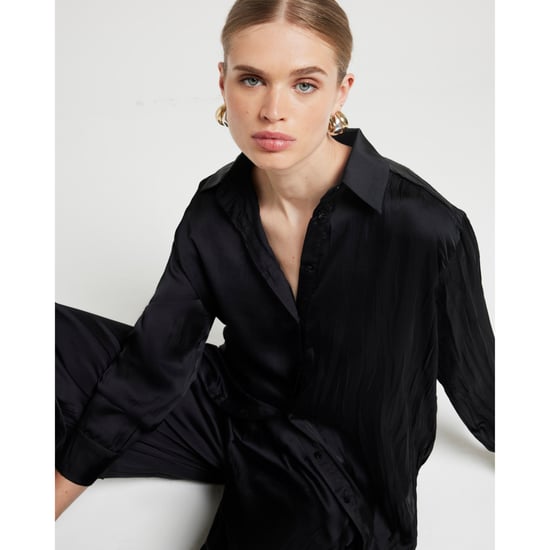 River Island Womens Shirt Black Crinkle Satin Collared Long Sleeve