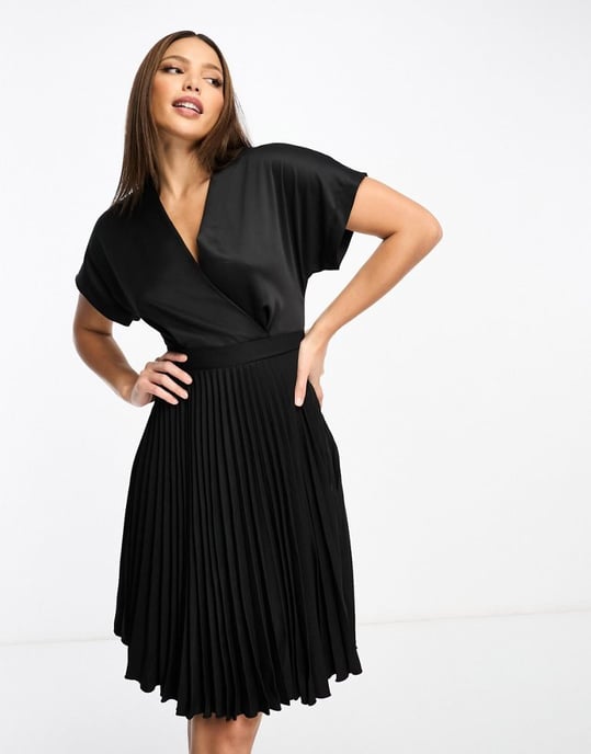 Closet London Tall wrap front pleated midi skater dress in black