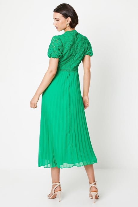 Lace Puff Sleeve Pleated Midi Dress - Image 3