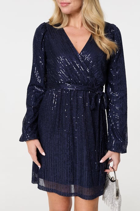 Navy Sparkly Sequin Long Sleeve Mini Wrap Dress