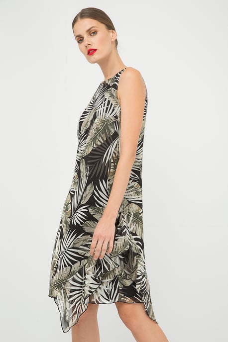 Sleeveless Print Chiffon Dress with Frill Detail