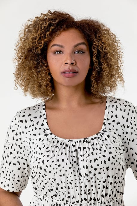 Curve Spot Print Gathered Top