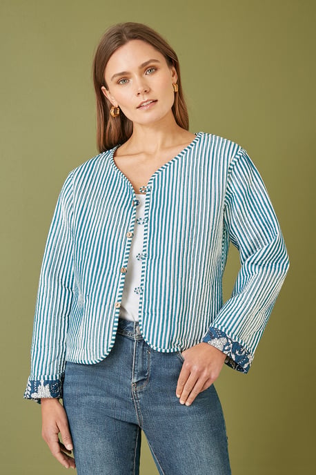 Blue Patchwork Print Reversible Cotton Quilted Jacket