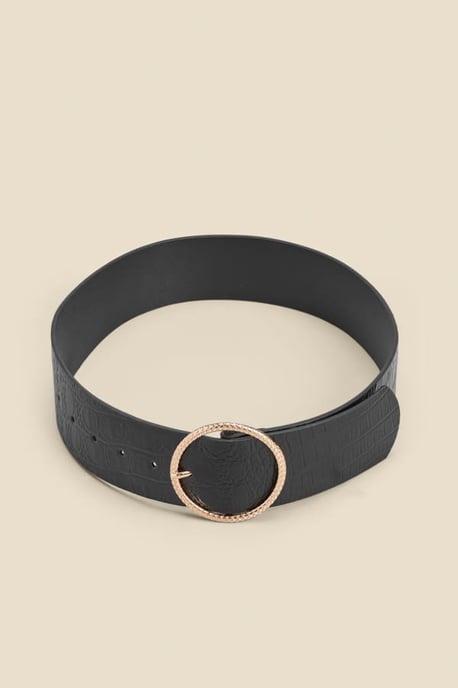 Black Croc Leather Belt With Round Buckle