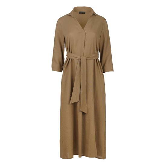 Beige linnen stijl midi jurk met ceintuur - Image 2