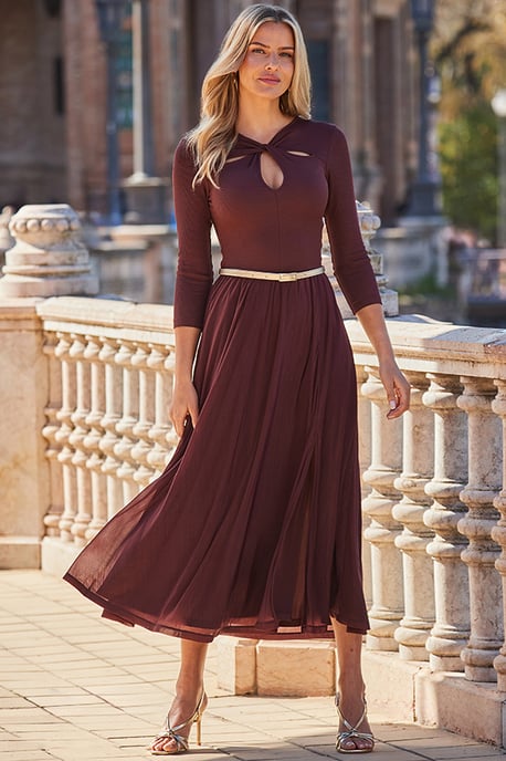 Chocolate Brown Fit & Flare Midi Dress With Gold Belt