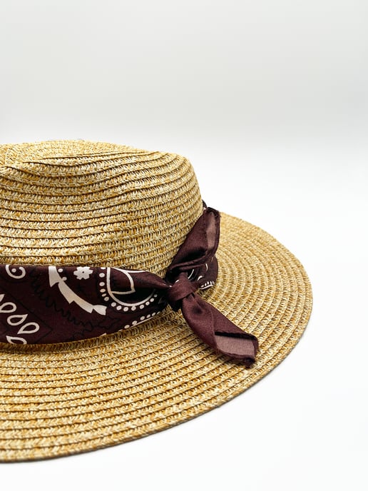 Straw fedora hat with bandana printed band in natural and dark oak