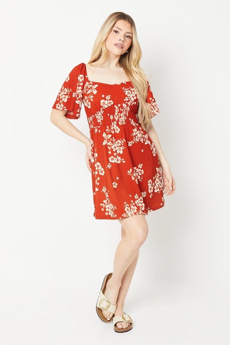Red Ditsy Shirred Waist Mini Dress