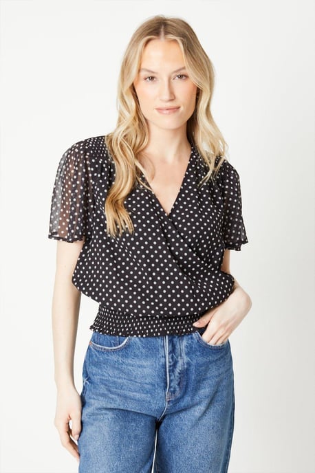 Spot Chiffon Shirred Hem Wrap Blouse - Image 1