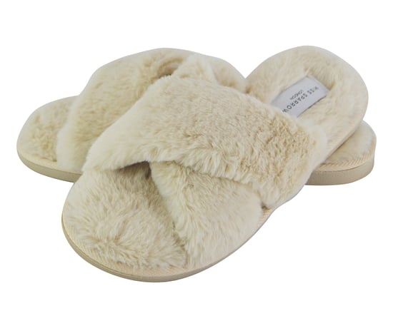 Miss Sparrow - Womens Open Toe Bedroom House Slippers with Back | Soft Fluffy Plush Cozy Non-Slip Crossover Sliders - Cream - Image 1