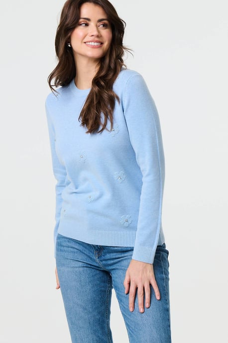 Light Blue Floral Gemstone Embellished Jumper - Image 6
