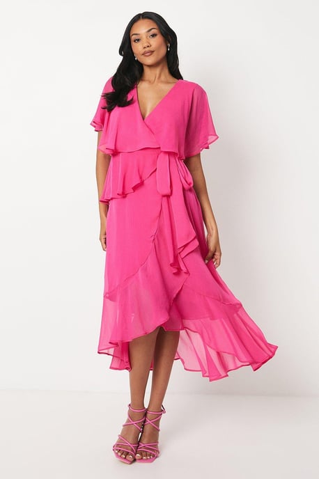 Wrap Detail Side Tie Chiffon Midi Dress