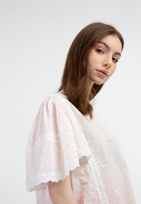 Mymo blouse met kant Dames Wit roze oranje stippen - Image 5