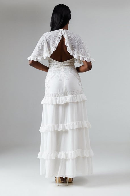Cape Sleeve Tiered Embellished Wedding Dress - Image 3