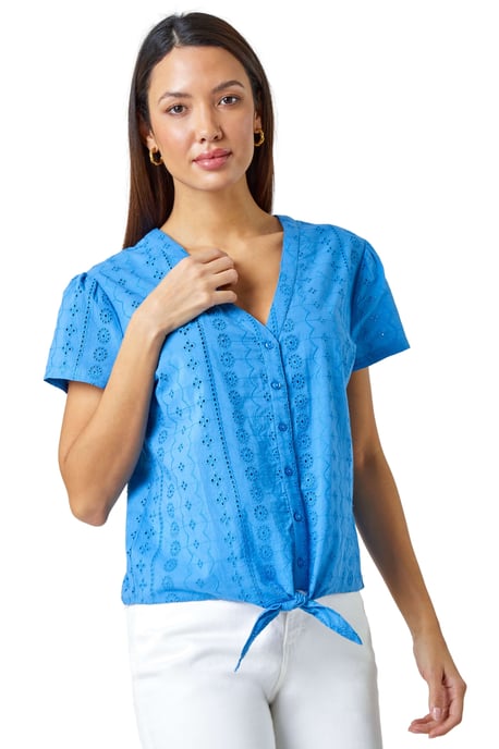 Tie Front Cotton Broderie V-Neck T-Shirt