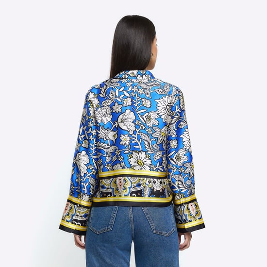 River Island Womens Shirt Blue Satin Floral Crop