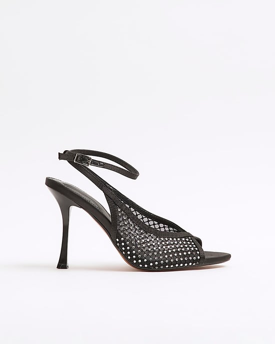 River Island Womens Court Shoes Black Mesh Ankle Strap Heeled