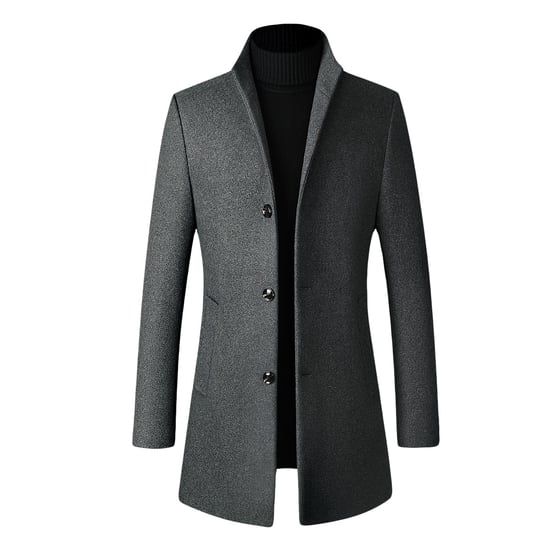 Men's Wool Long Slim Fit Stand-Up Collar Business Coat for Winter Grey