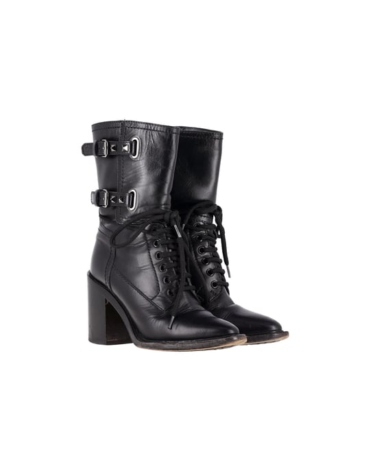 Valentino Garavani Rockstud Double-Buckle Heeled Boots in Black Leather - Image 3