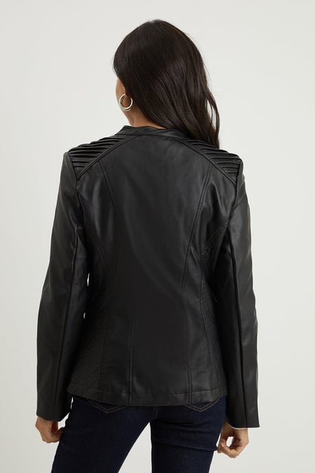 Black Faux Leather Stitch Detail Jacket - Image 3