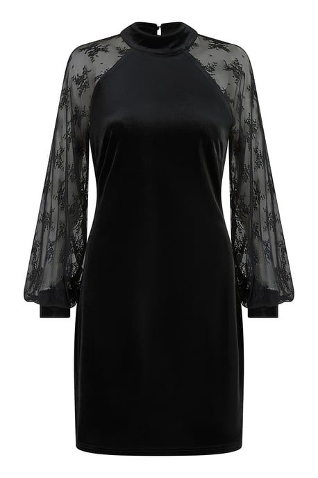 Black Velvet Fitted Dress With Lace Sleeves