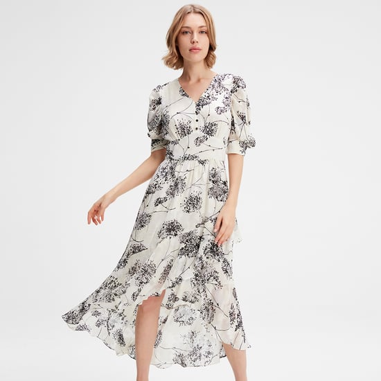 Linear Flower Print Plunging Hem Dress