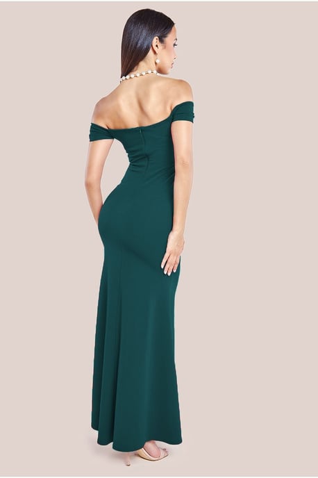 Pleated Bardot Scuba Maxi Dress