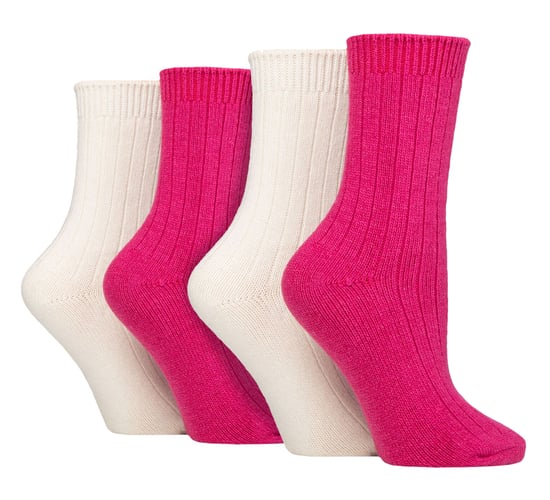 4 Pack Ladies Cashmere Boot Socks | Wildfeet | Ribbed Crew Wool Bed Socks - Wine/Cream - Image 1