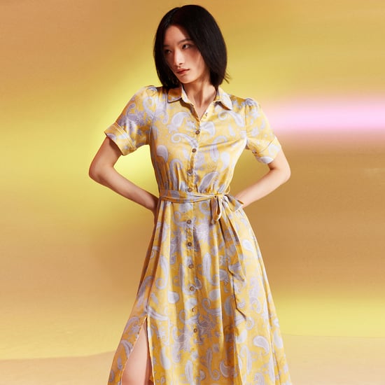 Graphic print satin shirt dress
