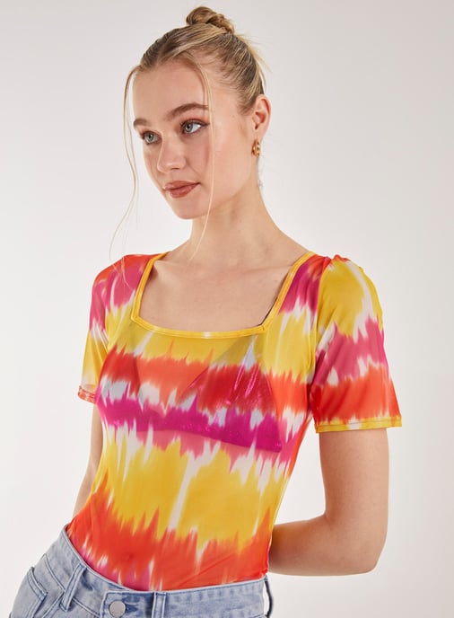 Tie Dye Mesh Square Neck Bodysuit