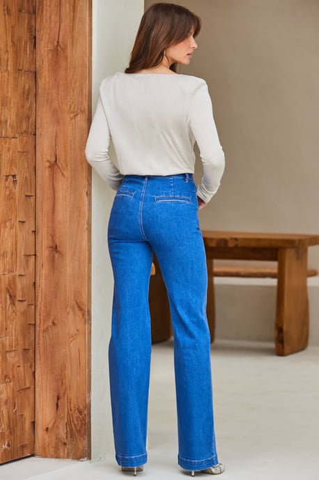 Petite Mid Blue Wide Leg Pintuck Jeans