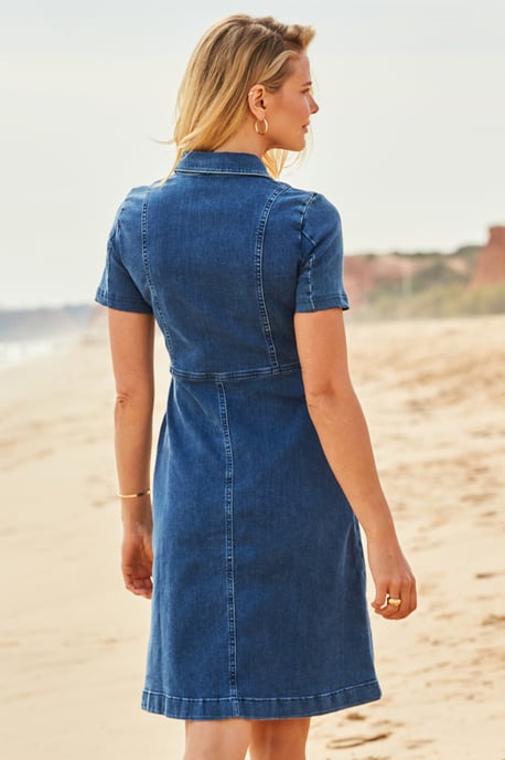 Indigo Blue Popper Front Short Sleeve Stretch Denim Dress