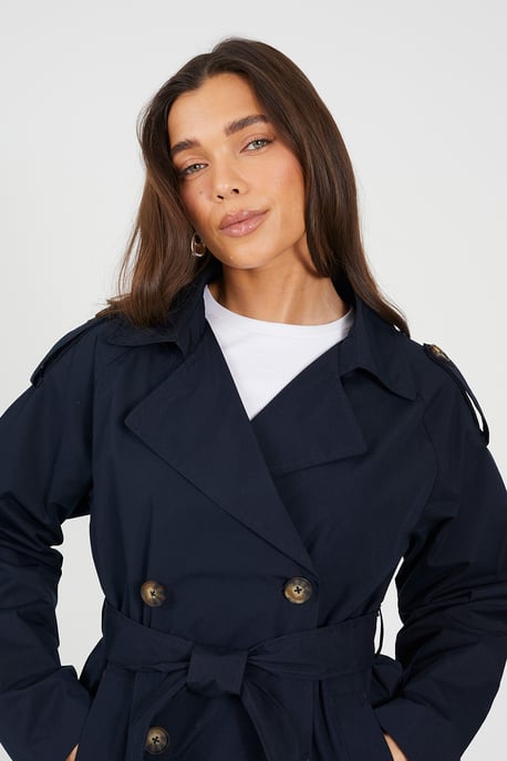 Navy Double Breasted Short Mac With Self Tie Belt