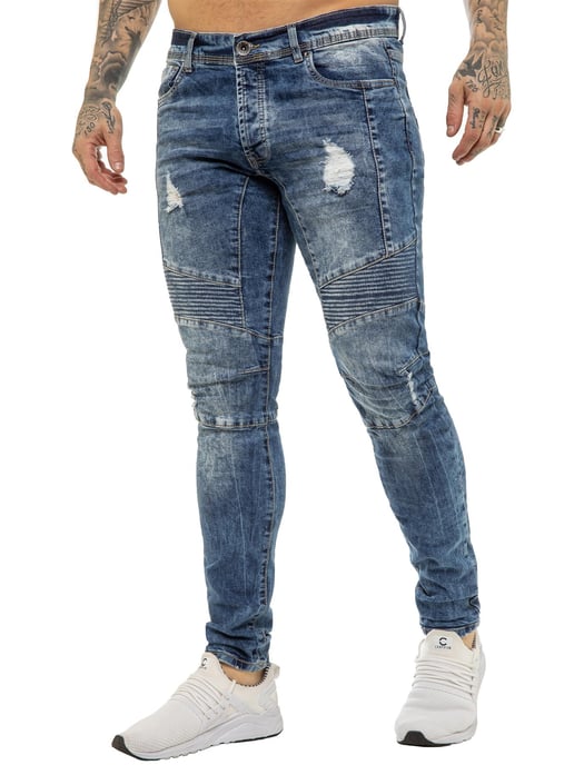 Enzo | Mens Skinny Stretch Biker Denim Jeans - Blue - Image 1