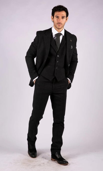 Mens Black 3 Piece Tweed Suit Peaky Blinders 1920s Gatsby Classic Tailored Fit - Image 5
