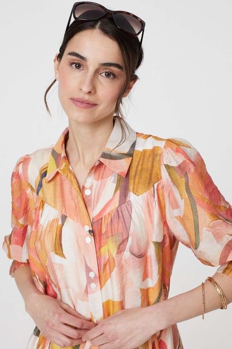 Orange Printed 3/4 Puff Sleeve Shirt Dress