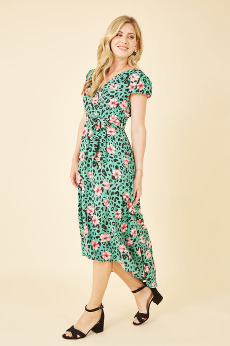 Mela Green Animal Print Dipped Hem Wrap Dress