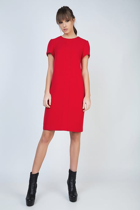 Short Sleeve Red Dress with Panel Detail